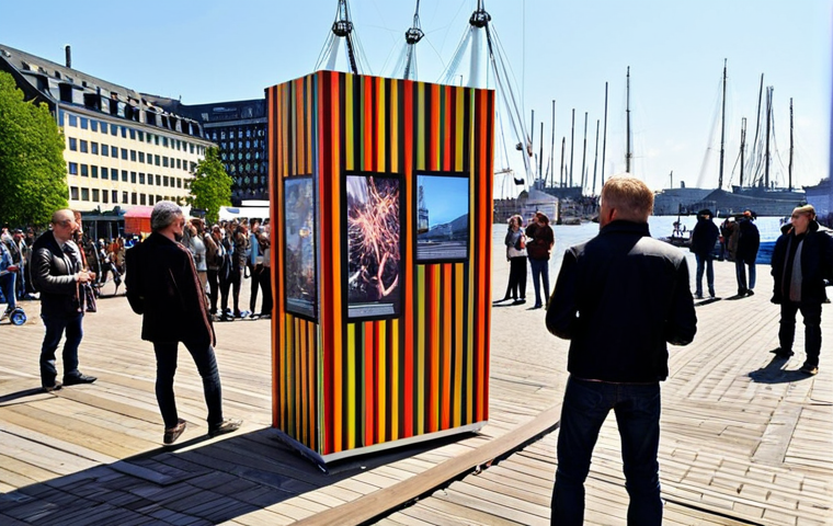 **
An outdoor sound art installation during the Hamburger Hafengeburtstag. Focus on visitors interacting with the installation and creating sounds through their movements. The setting should be the vibrant Hamburg harbor.
**