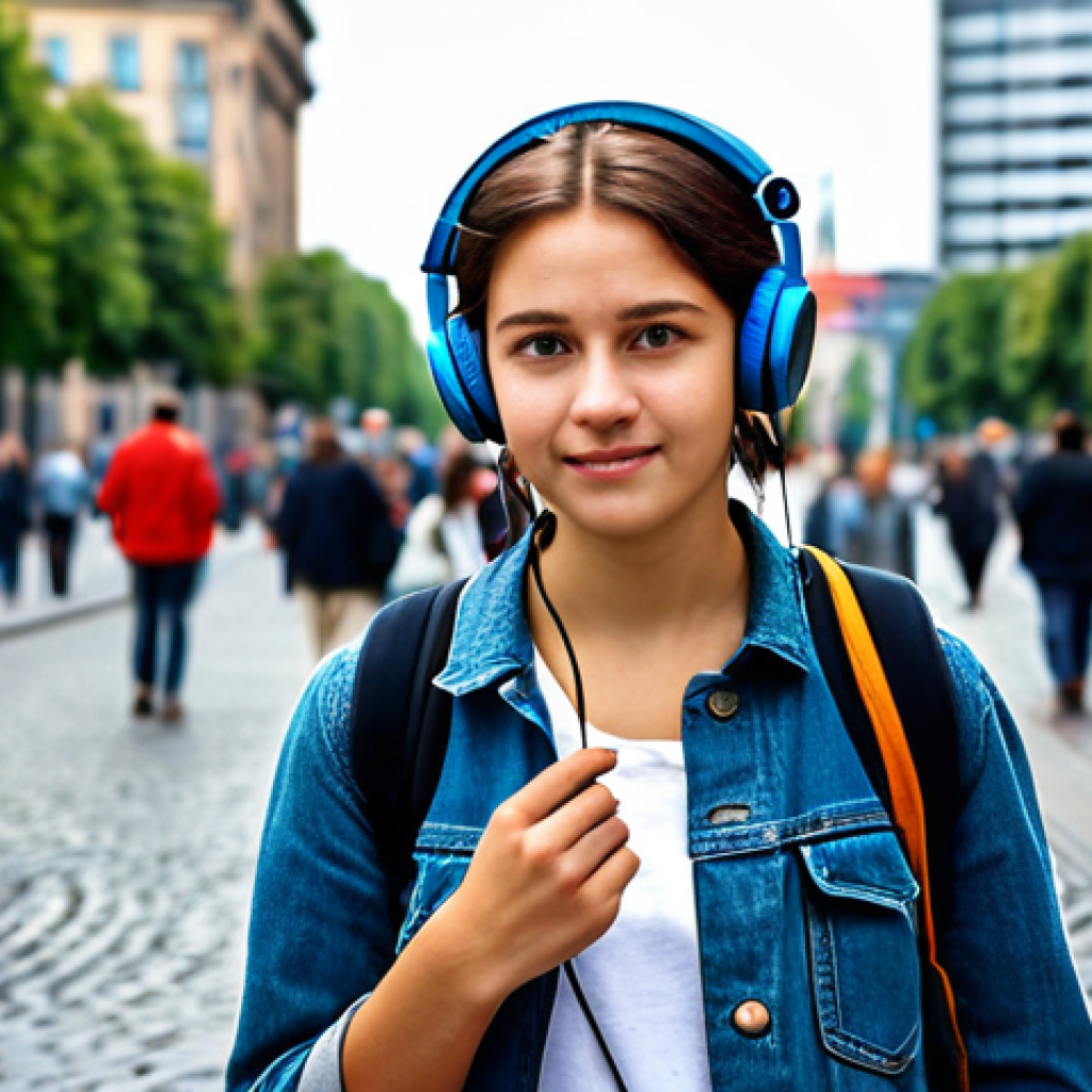 Soundwalk in Berlin**

"A young woman with headphones, fully clothed in stylish but modest street wear, walking through a bustling street in Berlin. Focus on the details of the urban environment blending with the sonic experience, creating a sense of discovery and immersion. Background includes iconic Berlin landmarks subtly visible. Safe for work, appropriate content, professional, perfect anatomy, natural pose, well-formed hands, proper finger count, natural body proportions, high quality, photo-realistic."

**