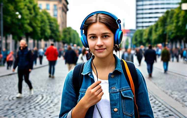 Soundwalk in Berlin**

"A young woman with headphones, fully clothed in stylish but modest street wear, walking through a bustling street in Berlin. Focus on the details of the urban environment blending with the sonic experience, creating a sense of discovery and immersion. Background includes iconic Berlin landmarks subtly visible. Safe for work, appropriate content, professional, perfect anatomy, natural pose, well-formed hands, proper finger count, natural body proportions, high quality, photo-realistic."

**