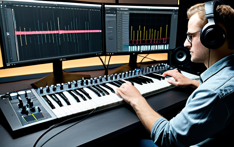 사운드 아트의 창작 과정을 기록하는 방법 - Audio Editing in a Studio**

"A music producer, fully clothed, working on sound design using Ableton...