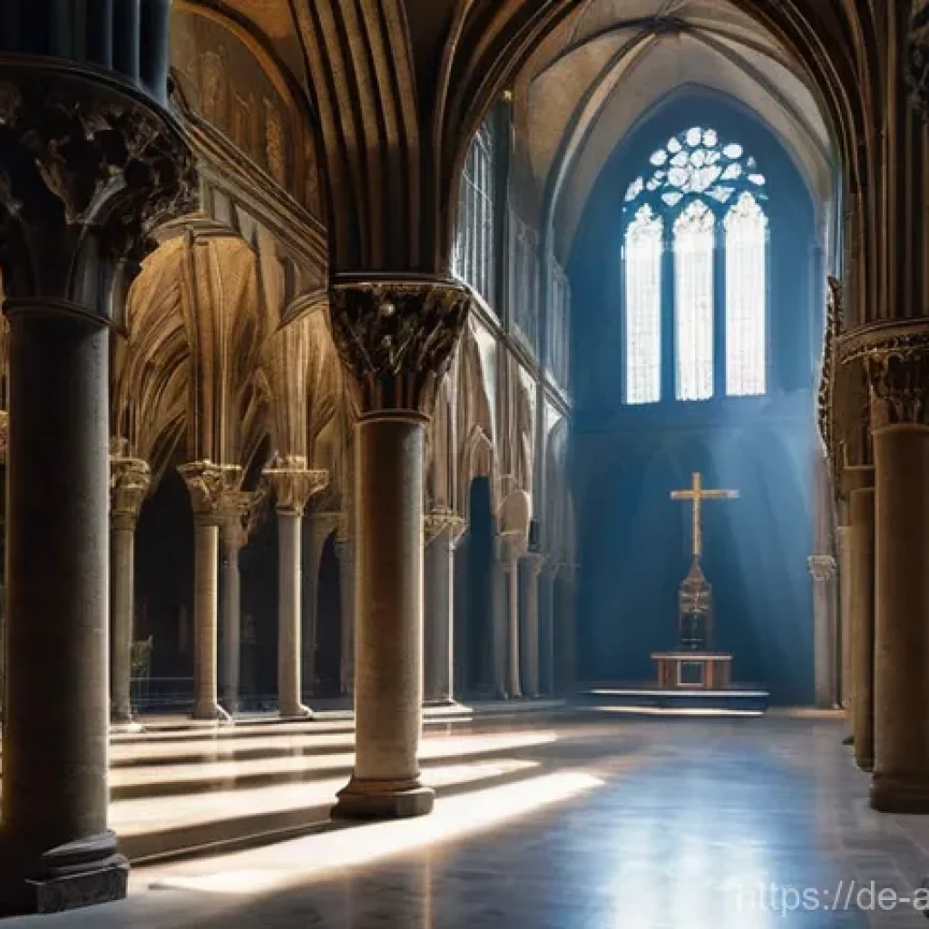 사운드 아트에서의 장소성의 중요성 - **Prompt:** "A majestic, vast interior of an ancient European cathedral. Sunlight streams through ta...