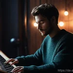 Home 22 사운드 아트 프로젝트 기획서 작성법 - The Genesis of Sound: A lone artist, gender-neutral, in their late 20s to early 30s, dressed in a co...