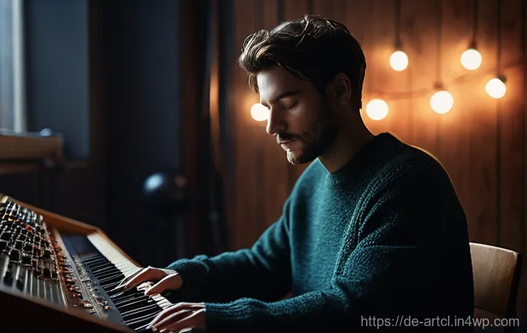 사운드 아트 프로젝트 기획서 작성법 - The Genesis of Sound: A lone artist, gender-neutral, in their late 20s to early 30s, dressed in a co...