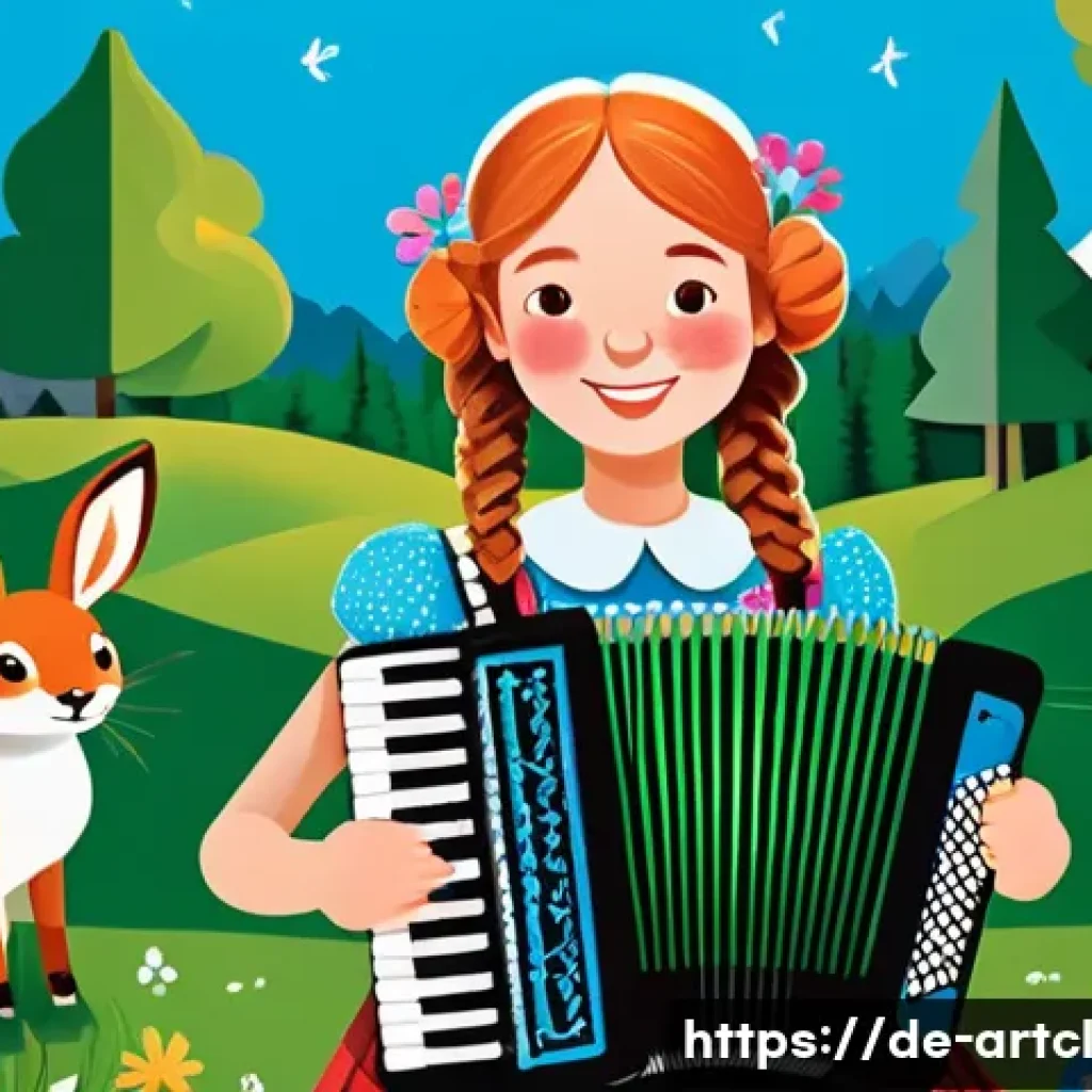 사운드 아트와 민속 음악의 접목 사례 - **Prompt:** A whimsical, animated scene in a Bavarian village. A young woman with braided hair, wear...