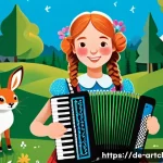 Home 21 사운드 아트와 민속 음악의 접목 사례 - **Prompt:** A whimsical, animated scene in a Bavarian village. A young woman with braided hair, wear...