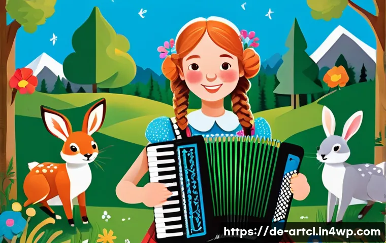 사운드 아트와 민속 음악의 접목 사례 - **Prompt:** A whimsical, animated scene in a Bavarian village. A young woman with braided hair, wear...