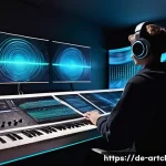 Home 20 사운드 아트 프로젝트를 위한 협업 플랫폼 - **Prompt:** A vibrant, futuristic virtual studio space where diverse sound artists from around the g...