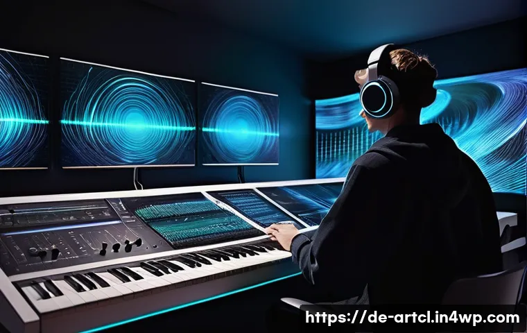 사운드 아트 프로젝트를 위한 협업 플랫폼 - **Prompt:** A vibrant, futuristic virtual studio space where diverse sound artists from around the g...