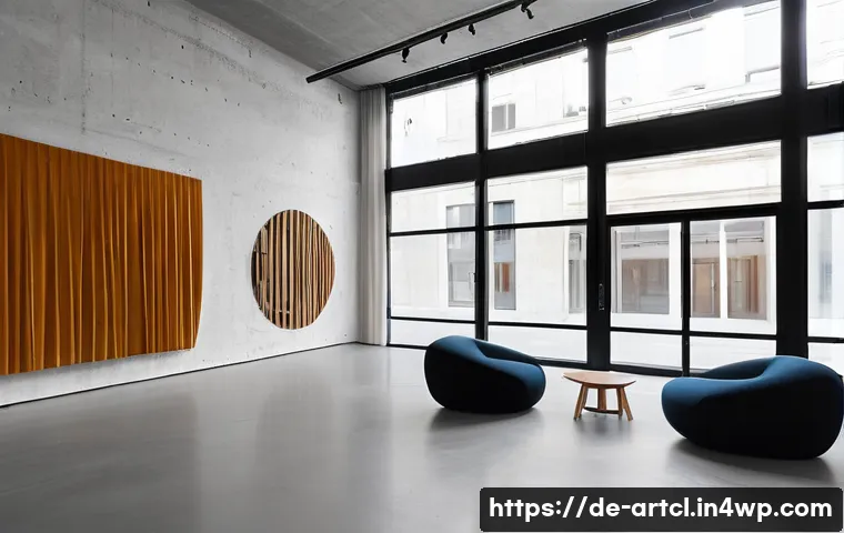 사운드 아트의 물리적 공간 활용 방안 - A spacious modern art gallery interior in Berlin designed for a sound installation, featuring curved...