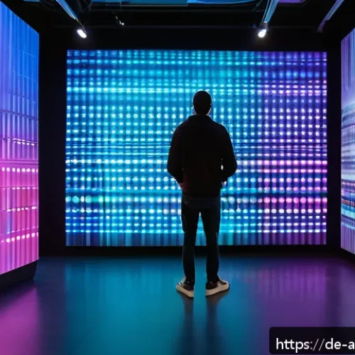 Home 32 사운드 아트와 미디어 아트의 상호작용 - A futuristic interactive media art installation in a modern Berlin gallery, featuring immersive audi...