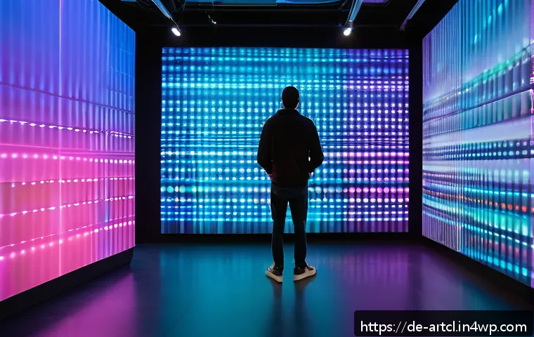 사운드 아트와 미디어 아트의 상호작용 - A futuristic interactive media art installation in a modern Berlin gallery, featuring immersive audi...