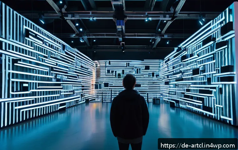 사운드 아트의 작곡 및 편곡 기법 - A futuristic immersive sound art installation in a modern Berlin gallery space, featuring synchroniz...