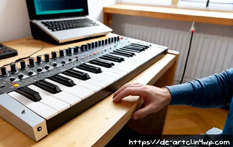 사운드 아트 프로젝트에서 사용할 도구 소개 - Photorealistic sound art workstation in a bright contemporary Berlin studio, close view of a modular...